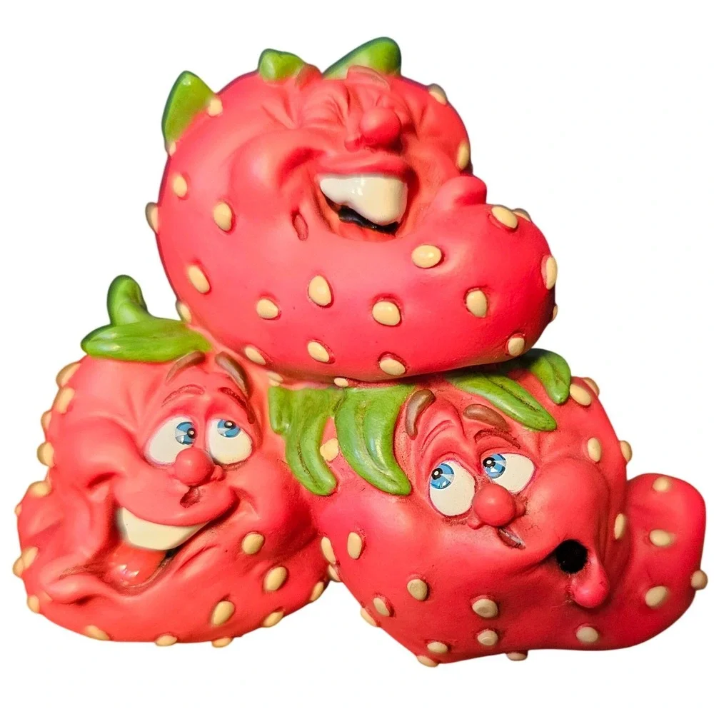 Vintage Anthropomorphic Strawberry Trio Figurine Funny Face Fruit Decor Red